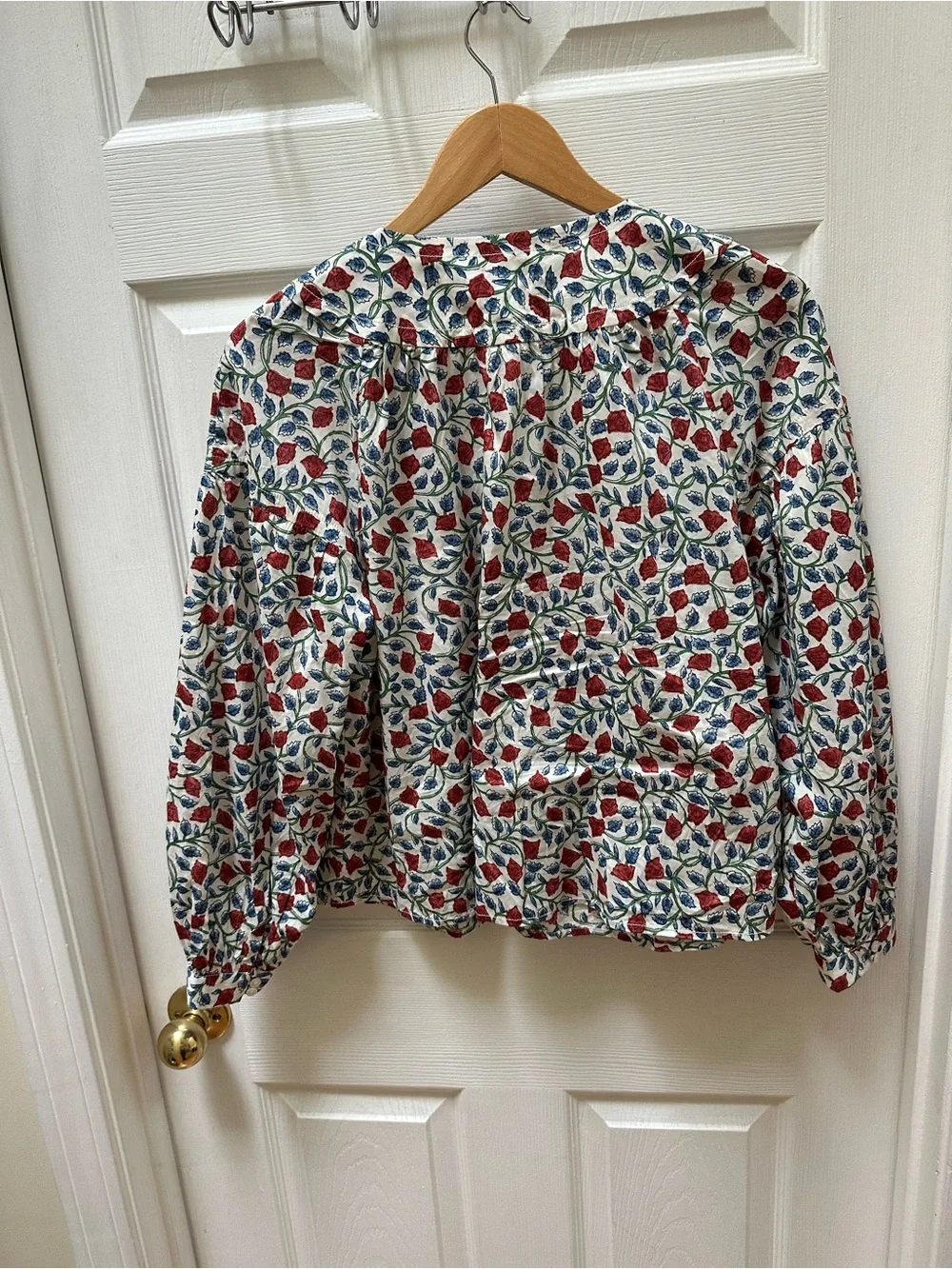 J. Crew Shirred Popover Top in Rosewood Floral White red Button-Front top m